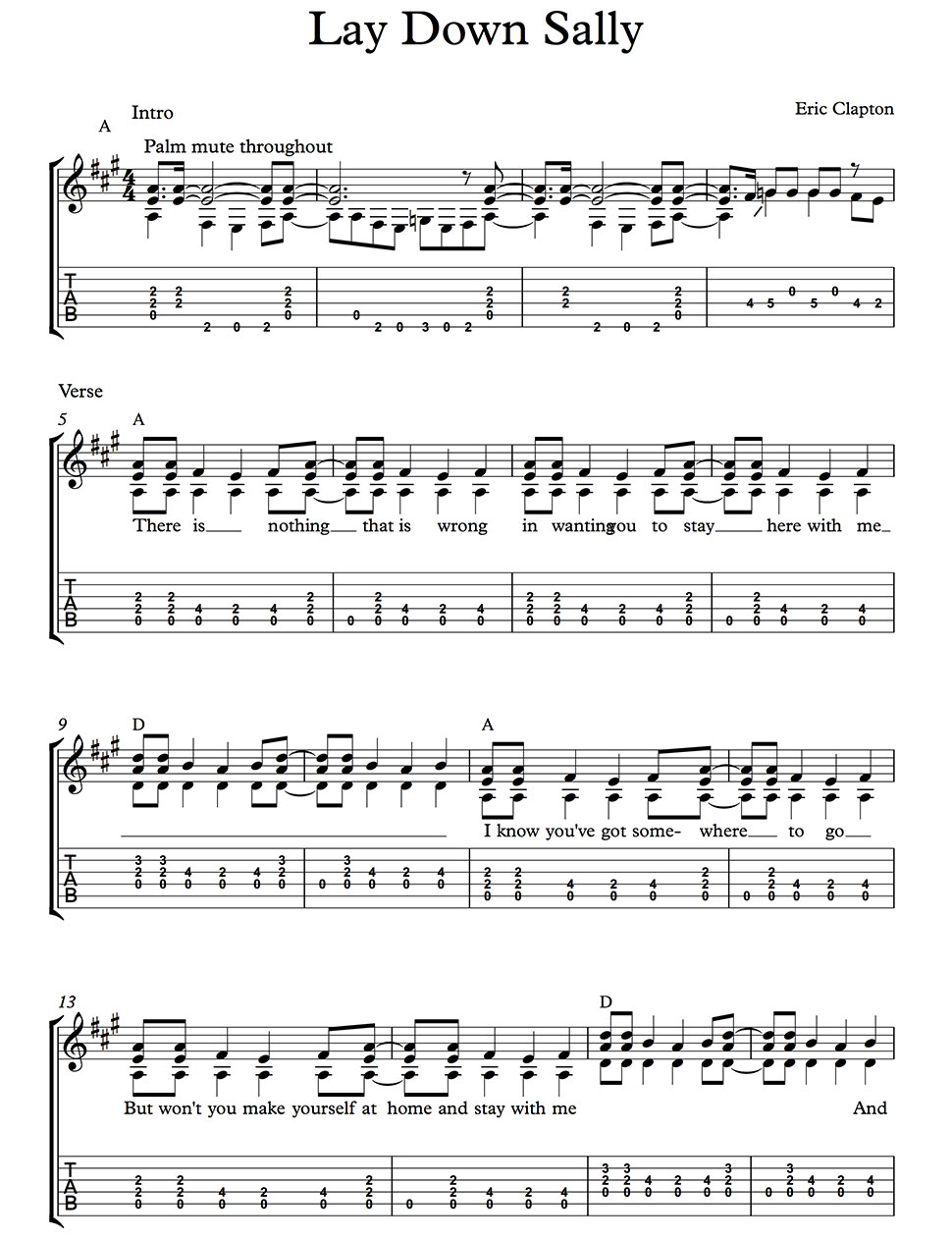 Lay Down Sally Eric Clapton Guitar Tab Lyrics